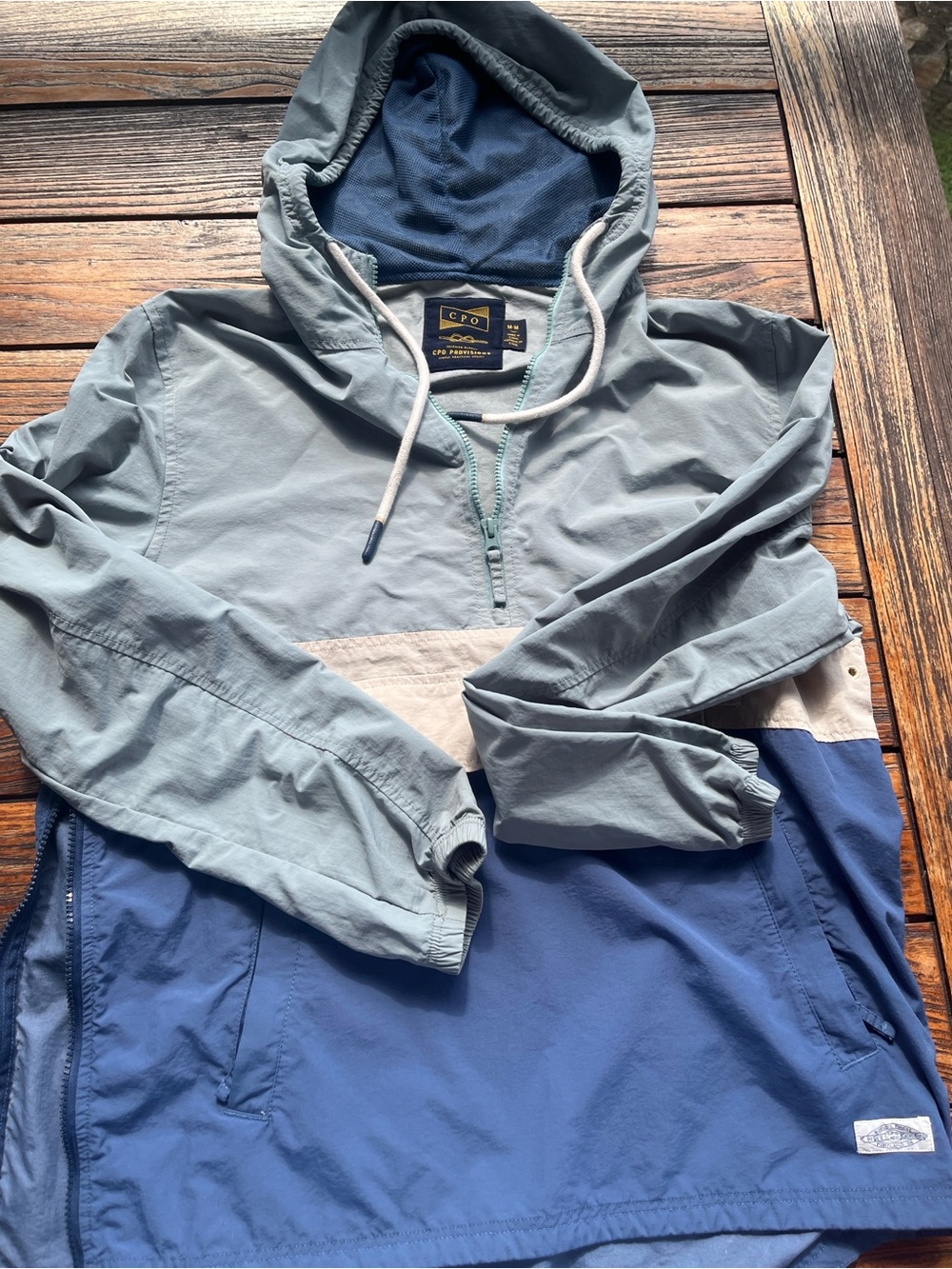 CPO Provisions for Urban Outfitters Men’s Hooded Windbreaker in Blue & Cream